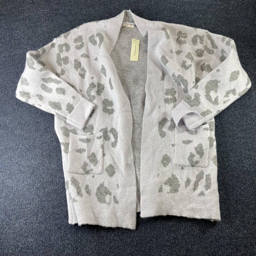 Francesca's Cardigan Sweater Womens Small Gray Leopard Knit Open Front Pockets
